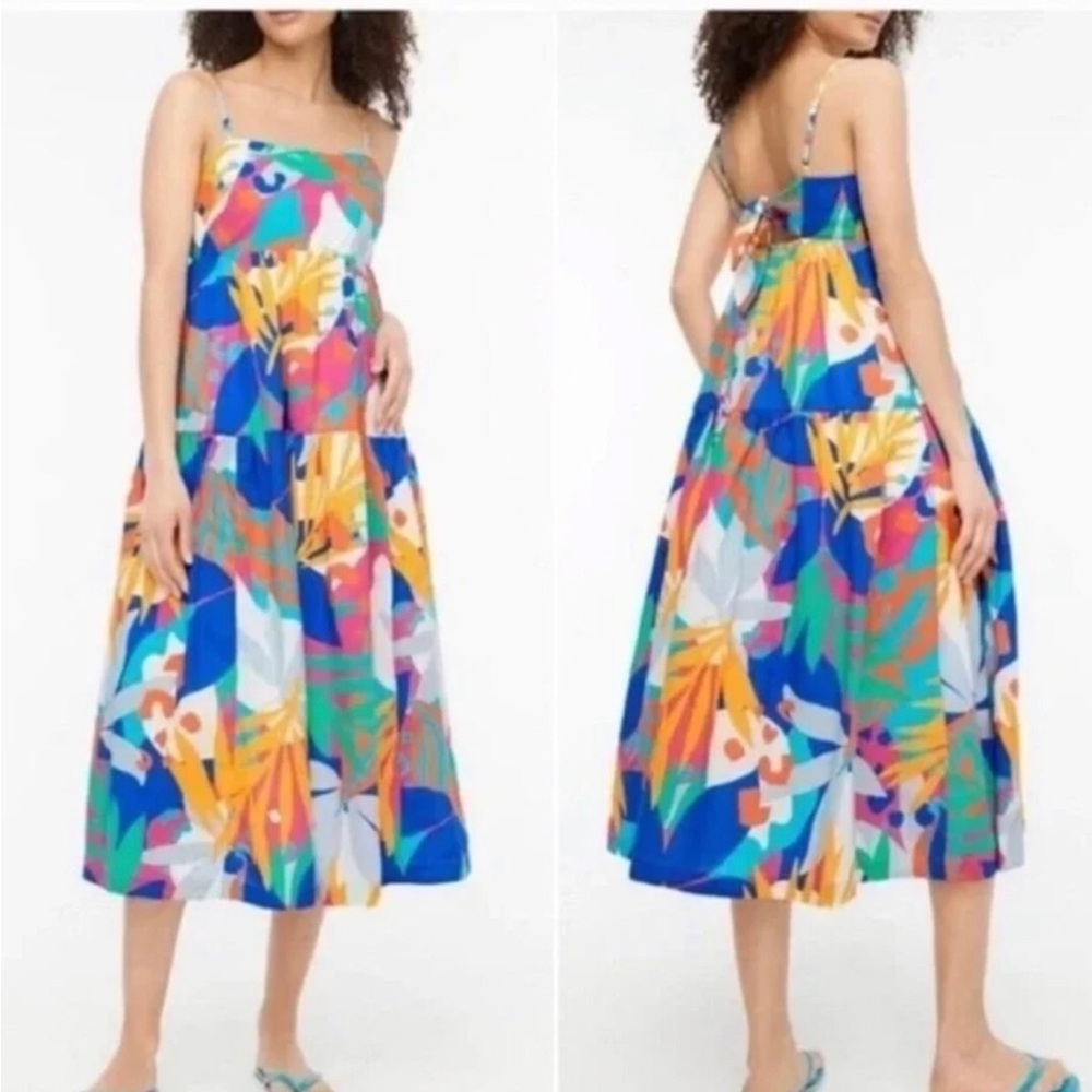 J. Crew Tie-Back Midi Dress Women’s Size 14 Tropical Tiered Hem Boho‎ Peasant